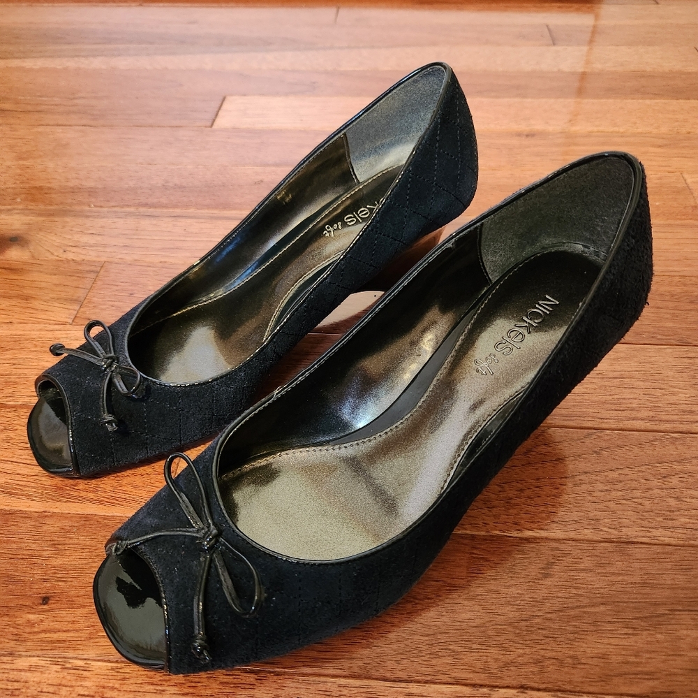 Navy Blue Suede Peep Toe Bow Wedges